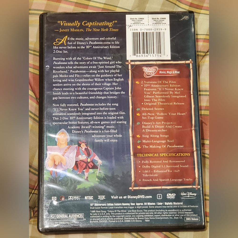 FREE with a purchase! NWT Disney Pocahontas DVD, 10th Anniversary 2-Disc Set - Picture 2 of 3